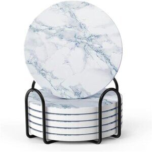 Coasters for Drinks, White Marble-Style Absorbent Coasters with Holder,
